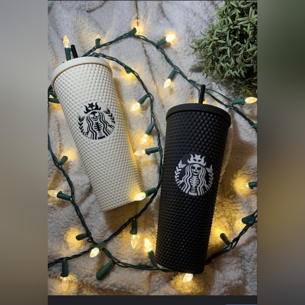 Starbucks goth black and white matte studded skeleton mermaid Tumblr reusable